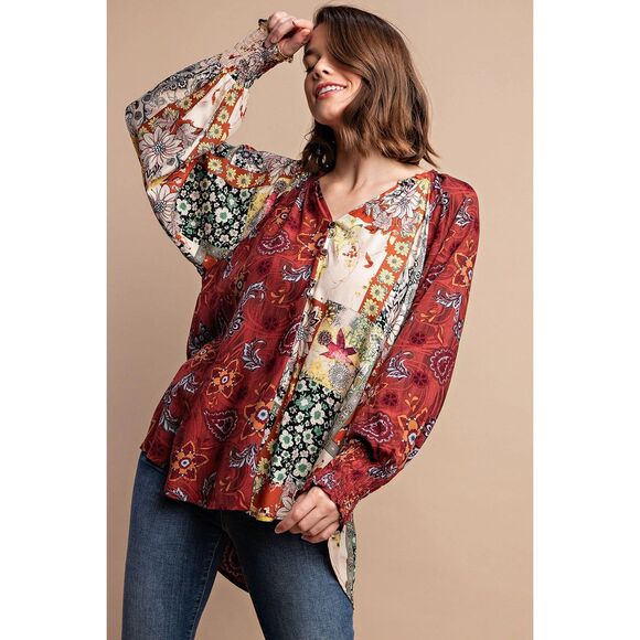 New GIGIO S M L Byzantine Garden Mixed Print V Neck Flowy Hi-Low Hem Top - Picture 6 of 7